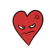 Angry heart cartoon, jealous heart, a hand drawn vector cartoon of a heart with an angry face and filled with hate, isolated on a white background.
