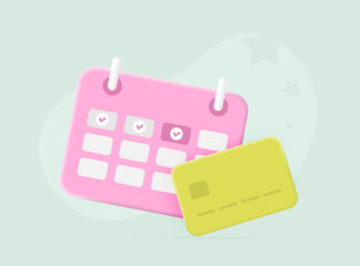 Poster - 3D vector concept of monthly subscription payment. Calendar highlighting monthly payment date, paired with bank card symbol. Convenient pay process for subscribers