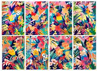 Wall Mural - Colorful Jungle with tropical leaves, animals, birds and exotic flowers. Vector illustration.