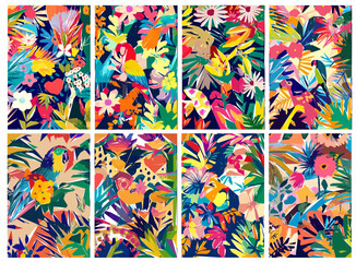 Wall Mural - Colorful Jungle with tropical leaves, animals, birds and exotic flowers. Vector illustration.