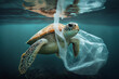 Turtle swims near a plastic bag. Plastic pollution in ocean, fighting for a clean ocean concept. Generative AI.