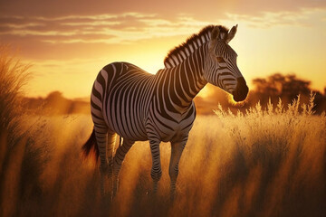 Zebras in the African savanna against a beautiful sunset.Generative AI.