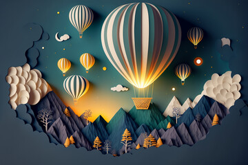 Hot air balloon on the night sky, paper craft art or origami style for baby nursery, children design.Generative ai.