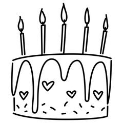 Wall Mural - Hand-drawn birthday cake with black lines. Draw a doodle-style cake and candles.