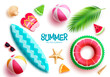 Summer vector element set. Summer beach elements floater, surfboard, beach ball, flipflop and sunglasses isolated. Vector illustration summer collection.