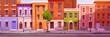 London street with houses and buildings in georgian style. British town real property exterior. Old residential buildings in Marylebone or Mayfair in London, vector cartoon illustration