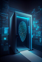 Leinwandbilder - BEAUTIFUL abstract Over the server room is a picture of data processing with a fingerprint icon. Conceptual depiction of global technology and a digital interface