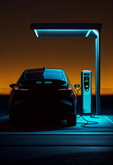 Beautiful abstract silhouette of an EV electric car with a low battery charge at an electric charging station is seen. Generative AI technology.