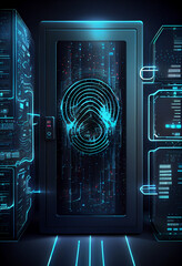 Fototapete - BEAUTIFUL abstract Over the server room is a picture of data processing with a fingerprint icon. Conceptual depiction of global technology and a digital interface