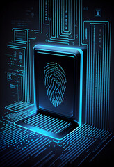 Poster - BEAUTIFUL abstract Over the server room is a picture of data processing with a fingerprint icon. Conceptual depiction of global technology and a digital interface