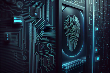 Poster - BEAUTIFUL abstract Over the server room is a picture of data processing with a fingerprint icon. Conceptual depiction of global technology and a digital interface