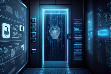 Poster - BEAUTIFUL abstract Over the server room is a picture of data processing with a fingerprint icon. Conceptual depiction of global technology and a digital interface