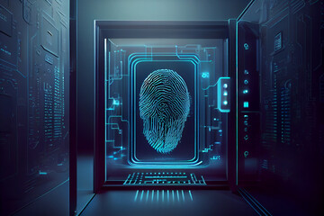 Fototapete - BEAUTIFUL abstract Over the server room is a picture of data processing with a fingerprint icon. Conceptual depiction of global technology and a digital interface