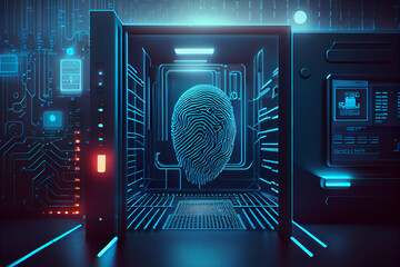 Fototapete - BEAUTIFUL abstract Over the server room is a picture of data processing with a fingerprint icon. Conceptual depiction of global technology and a digital interface