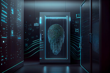 Poster - BEAUTIFUL abstract Over the server room is a picture of data processing with a fingerprint icon. Conceptual depiction of global technology and a digital interface