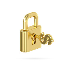 Wall Mural - gold metal locked padlock icon. golden key with a dollar sign inserted in a keyhole isolate on white