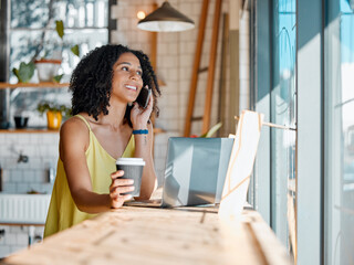 Aufkleber - Black woman in coffee shop, phone call and remote work with laptop, freelance or influencer blog with networking. Connection, wifi and communication with tech, drink and relax in cafe with contact