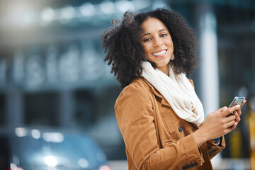 Canvas Print - Phone, happy and portrait of a black woman in the city networking on social media, mobile app or internet. Happiness, smile and African female typing a text message on a cellphone in town with 5g.