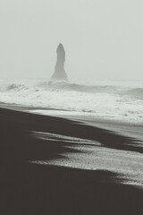 Poster - Wet sand beach monochrome landscape photo. Beautiful nature scenery photography with cliff on background. Idyllic scene. High quality picture for wallpaper, travel blog, magazine, article