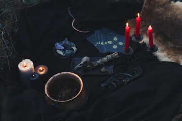 Wall Mural - Close up witchcraft tools for magic concept photo. Dark witchcore aesthetic. Front view photography with blurred background. High quality picture for wallpaper, travel blog, magazine, article