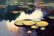 A colorful watercolor illustration of a tranquil lake with a glassy surface and lily pads. For wall art, nature-themed products, and design