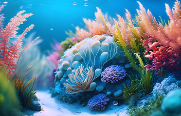 Fototapete - Close-up realistic corals and algae against the background of a sandy bottom and blue transparent water in a watercolor style.AI generated.