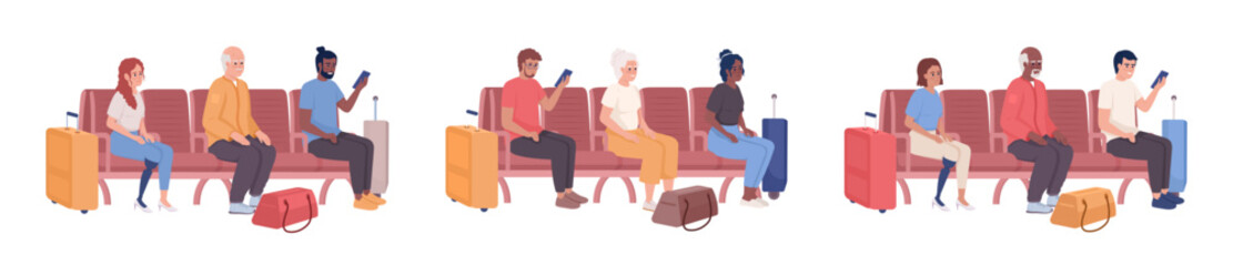 Poster - Passengers sitting in airport chairs semi flat color vector characters set. Editable figures. Full body people on white. Simple cartoon style illustration pack for web graphic design and animation