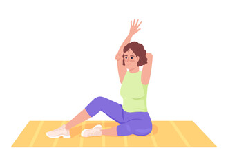 Poster - Sporty woman releasing tight shoulders on mat semi flat color vector character. Editable figure. Full body person on white. Simple cartoon style illustration for web graphic design and animation