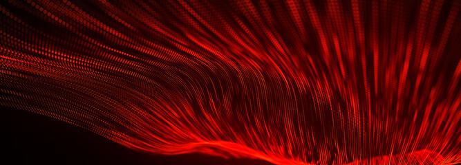 Poster - Abstract digital background. Dynamic wave of glowing particles. Data flow information. Concept of digital communication. Big data visualization. 3d Widescreen