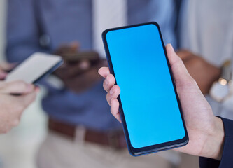 Aufkleber - Green screen, phone and hands of business people for mobile app, design mockup and product placement. Smartphone, technology and blue background for communication, networking chat or social media ux