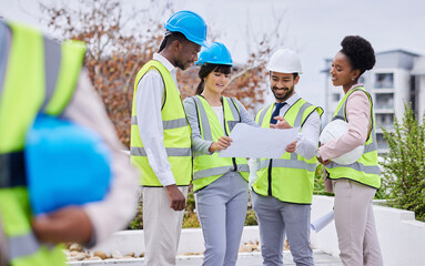 Aufkleber - Architecture, collaboration and blueprint with a designer team working together outdoor on a construction site. Building, design and meeting with an engineer employee group planning together outside