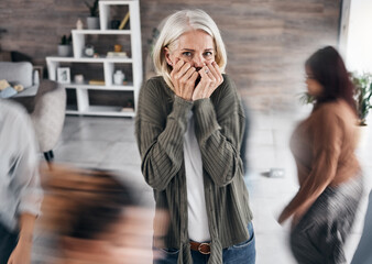 Canvas Print - Anxiety, schizophrenia and woman in mental health problem, crisis and fear in busy office or workplace. Scared, depression and trauma of bipolar senior person with fast people, speed or walking crowd