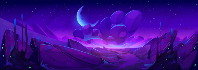 Poster - alien space planet landscape with purple rocks and stones. vector cartoon illustration of fantasy co