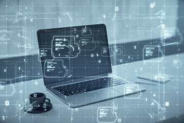 Poster - Close up of office workplace with laptop, coffee cup and glowing tech metaverse grid on blurry background. Connection technology and laser mesh concept. Double exposure.
