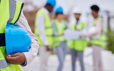 Poster - Construction, building and team of engineers on site for creative, planning and blurred background. Builder, safety and architect with group for thinking, problem solving and engineering on mockup