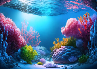 Fototapete - Colorful wallpaper marine floor with corals and seaweed. AI generated.