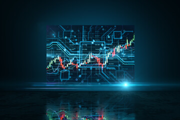 Poster - Stock market growth, business investing and data concept with digital financial chart graphs, diagrams and indicators on dark screen in empty hall with dark wall background. 3D rendering