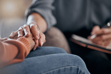 Canvas Print - Closeup, hands and support in therapy, conversation and grief with compassion, empathy or support. Zoom, hand or female with sadness, therapist or communication for solutions, mental health or stress