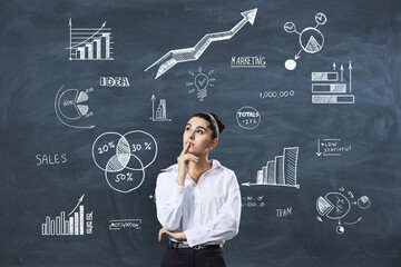 Poster - business data analysis and idea concept with pensive woman on blackboard with hand written stats ind