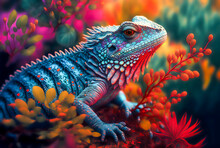 Whimsical Iguana Portrait, Surrounded By Lush Florals And Nature, Generative AI.