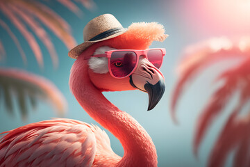 portrait d'un flamant rose en vacances à la mer » ia générative