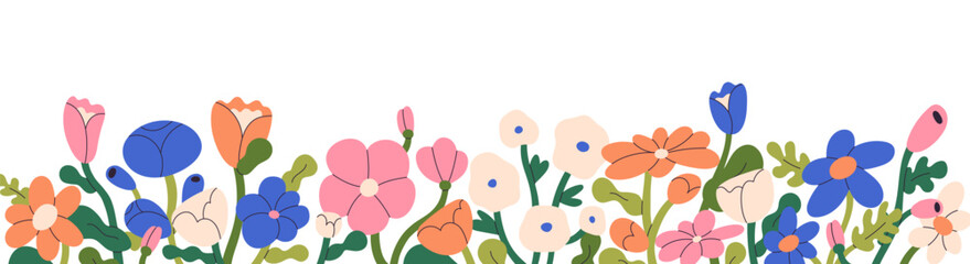 spring meadow flowers border. banner with summer garden, floral decoration. blooming plants, petals,