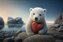 Cute Little Polar Bear Holding A Heart. Generative AI