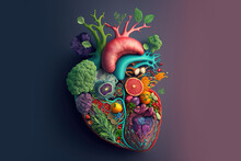 Abstract Realistic Illustrated Human Heart Made Of Fresh Vegetables, Plants, And Fruits Isolated On A Dark Purple Background. Generative AI