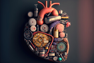 Wall Mural - Closeup abstract realistic illustrated image of a human heart made of different objects isolated on a dark background. Health care concept. Generative AI