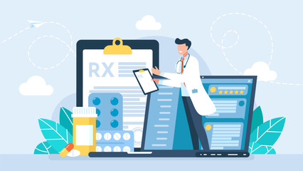 Online male doctor with medication. RX. Online pharmacy, healthcare consultation, medical examination, medicine order. Ordering medicines online via laptop. Fast delivery of pills. Vector illustration