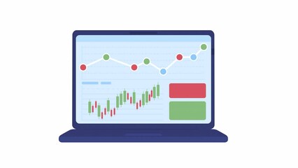 Fototapete - Animated monitor stocks on laptop. Browsing website for investors. Flat cartoon style element 4K video footage. Color illustration on white background with alpha channel transparency for animation