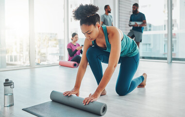 Poster - Yoga, studio and exercise mat with a fitness black woman getting ready for a wellness workout. Gym, training and zen with a female yogi indoor for mental health, balance or spiritual health