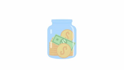 Poster - Animated jar with coins, banknotes. Retirement savings. Investment. Flat cartoon style element 4K video footage. Color illustration on white background with alpha channel transparency for animation