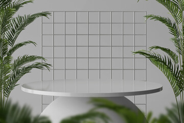 Poster - white minimal circular modern podium table for product display with plants and wire grid background in center composition 3d rendering